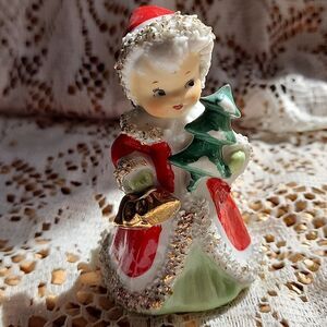 Lefton Porcelain Christmas Angel Vintage 1956 Carrying A Tree & Bells